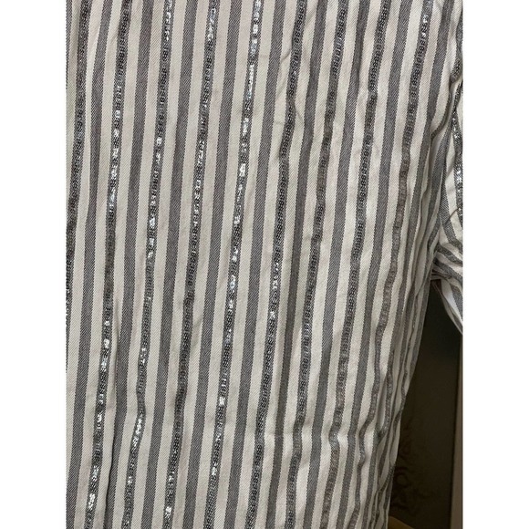 Adrienne Vittadini Women's White Silver Metallic Striped Banded V- Neck Blouse M - Picture 8 of 9